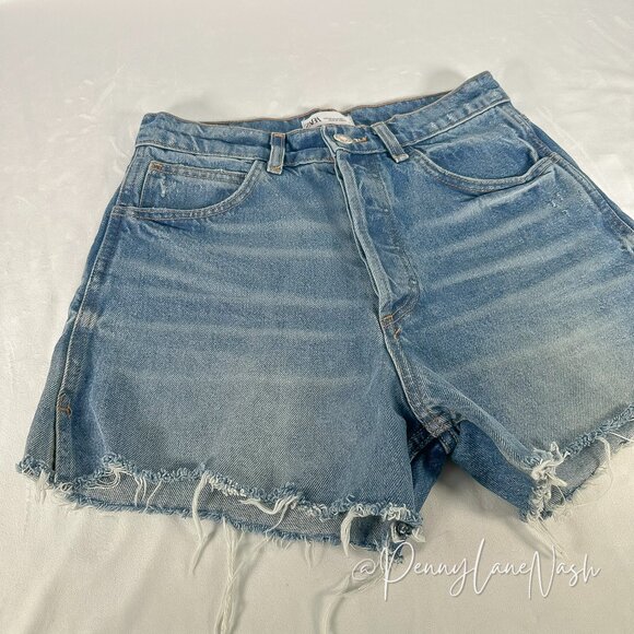 Zara High-Rise Button Fly Denim Cut Off Shorts Size 6 - Picture 2 of 12